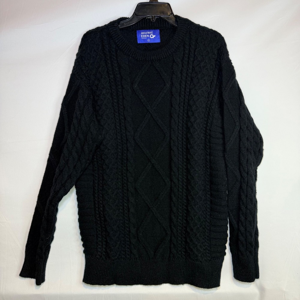 Aelfric Eden Black Cable Knit Sweater Diamond Textured Crew Neck Large